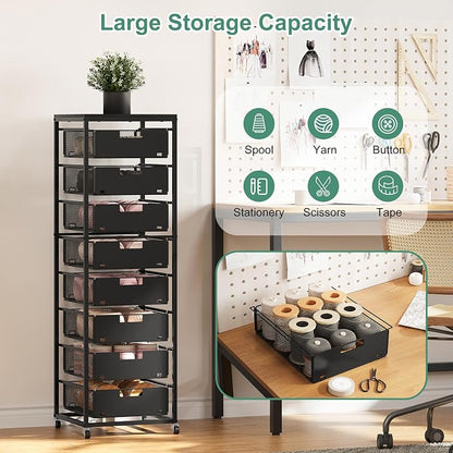 EasyPAG Rolling Storage Cart With 8 Drawers, Metal Craft Organizers And Storage Cart With Wood Tabletop, 30 Lbs Capacity Per Drawer For Home Office Classroom And Dorm, Black