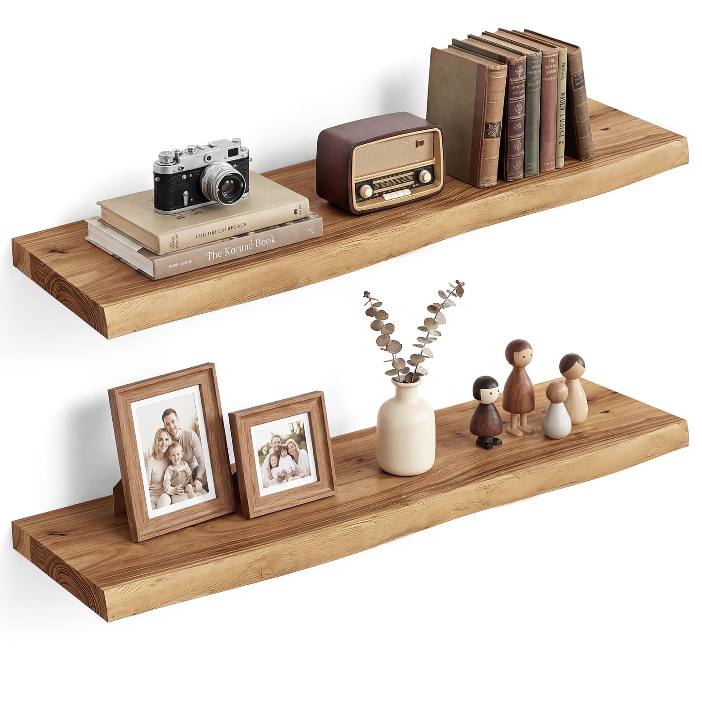 Vivelove Live Edge Floating Shelves Solid Wood, Elm Shelves for Wall with Invisible Bracket for Living Room Bedroom Bathroom Office Book, Rustic Farmhouse Wooden Shelf, 32 Inch Set of 2- Natural