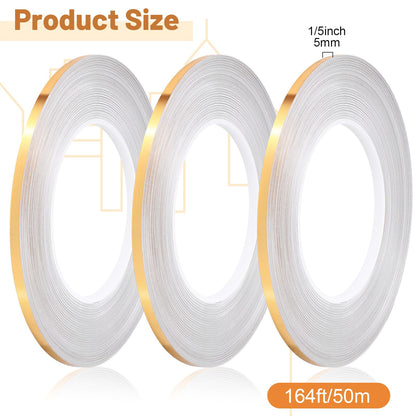 Zonon 3 Rolls 0.2" 0.4" 0.6" Gold Washi Tape 54.7 Yard Solid Foil Self Adhesive Polyester Film Metallic Tape for Detailing Graphic Arts for Crafts Walls Cars and Boats Trim(0.2'')