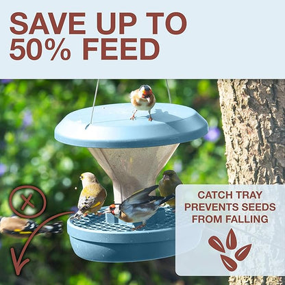 SWISSINNO Bird Feeders - No Mess Hanging Bird Feeder for Outdoors - Smart Birds Davos Spill Proof Wild Cardinal & Small Bird Feeder with Integrated Seed Catcher Tray - Dual Chamber - Light Blue