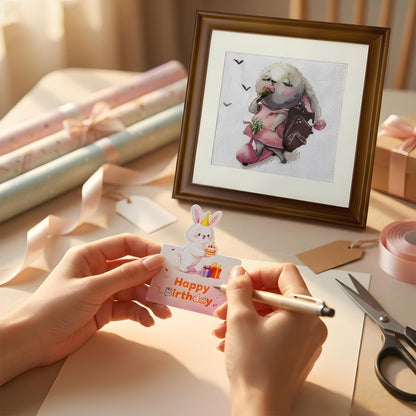Handmade Cross Stitch Skateboarding Rabbit Wall Art with Solid Wood Frame with Envelope, Greeting Card, 10x10in Framed Pink Bunny Embroidered Nursery Decor, Funny Birthday Gifts for Children
