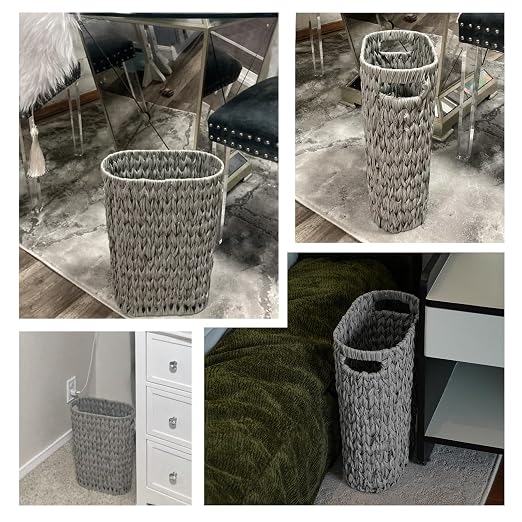Coeusy 5 Gallon Wicker Trash Can,Wicker Bathroom Trash Can with Handles,Handwoven Waste Basket Waterproof Narrow Small Garbage Can for Bedroom,Bathroom,Office,Grey/20 Liters