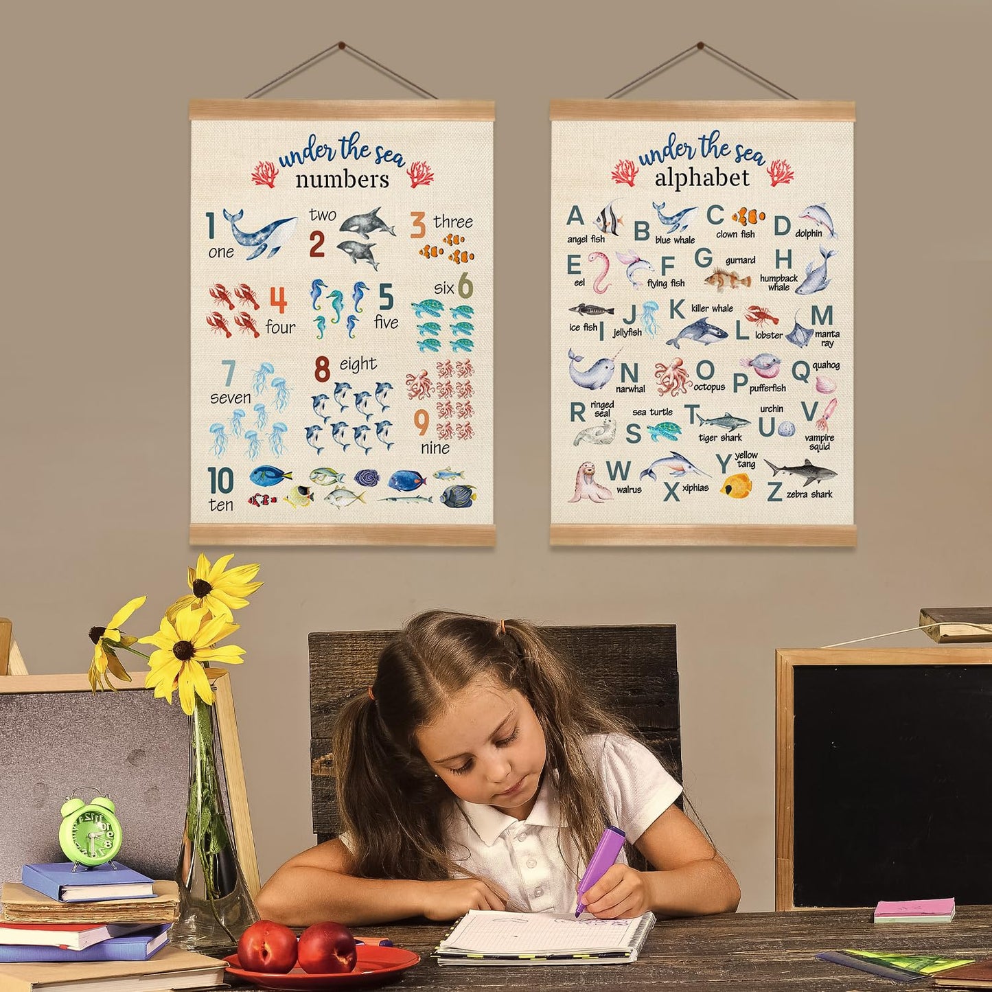 ZTGDA Alphabet Numbers Wall ArtSet of 2,ABC &123 Educational Learning Posters, Marine Fishs Wall Hanging Decor for Toddler Room Playroom,Nursery,or Classroom 12x16inch (Ocean Animal)