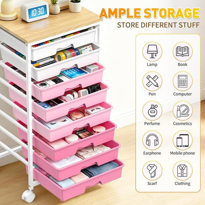SUNALLY Rolling Storage Utility Cart With 8 Drawers, Storage Drawer Cart with Wooden Tabletop and 2 Lockable Wheels, 8 Tier Rolling Cart for Craft Art Supply Storage & Home Office Organization, Pink