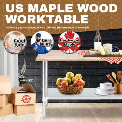 DuraSteel US Maple Top Work Table - 24 x 48 x 35 Inch Commercial Butcher Block Wooden Workbench with Adjustable Lower Shelf - Fits Restaurant, Warehouse, Home, Kitchen, Garage