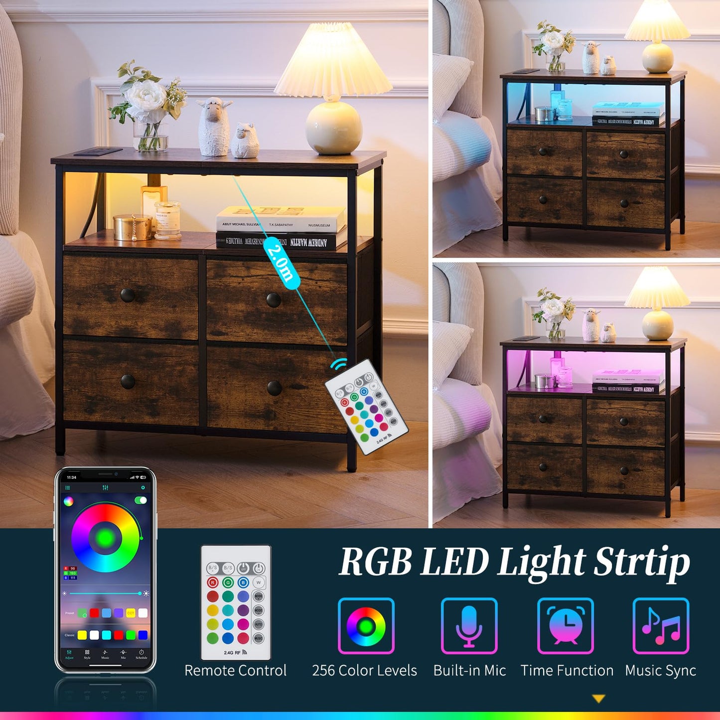 Yoobure Night Stand with Charge Station, Nightstand with 4 Drawers Bedside Table, LED Dresser with Storage Shelf, Night Stands for Bedroom, Side Table 3-Tier Wood End Table for Home Rustic Brown