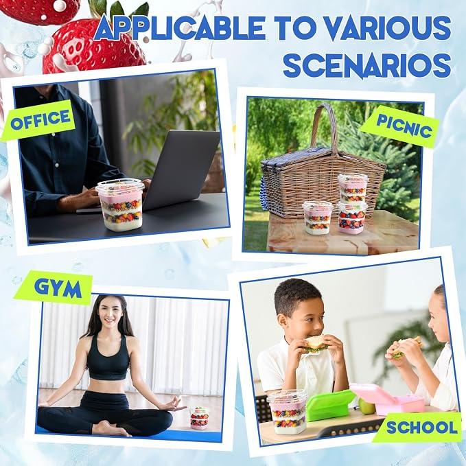 Jingmore 50 Pack 9.5oz Clear Plastic Yogurt Parfait Cups Disposable Overnight Oats Containers with Lids and Spoons Cake Fruit Jars for Food Storage Salad Ice Creams Pudding Snacks (Square Style)
