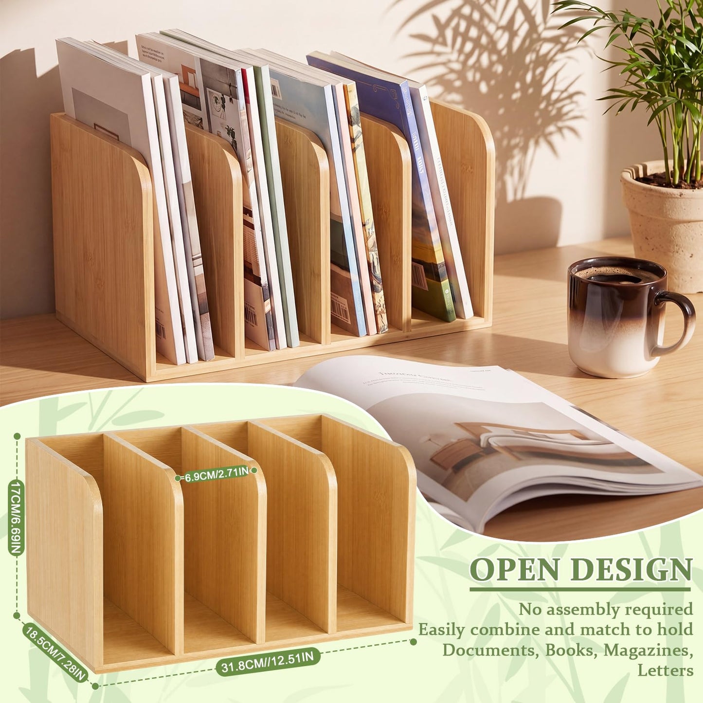 Novabright Bamboo Magazine File Holder Desk Organizer, 4 Vertical Compartments Workspace Sorters for Magazines, Binders, Notebooks, Envelopes
