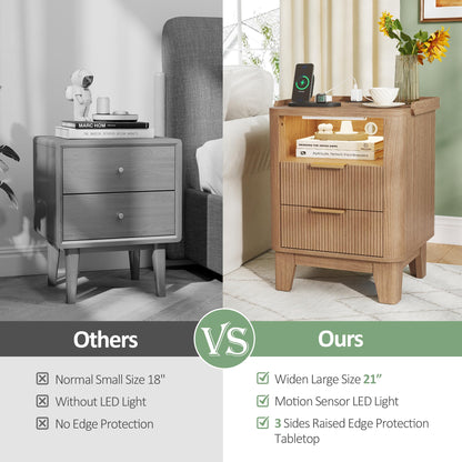 Turosur Night Stand with Charging Station, Fluted NightStand with LED Light and 2 Drawers, Wood Bedside Table with Open Storage, Modern