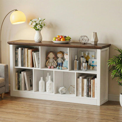 Unikito 7 Cube Storage Book Shelf - 47" Wide Wood Cube Storage Organizer, Wooden 2 Tiers Floor Standing Low Bookcase for Living Room, Bedroom, Home Office, Kids Room, Rustic White and Brown