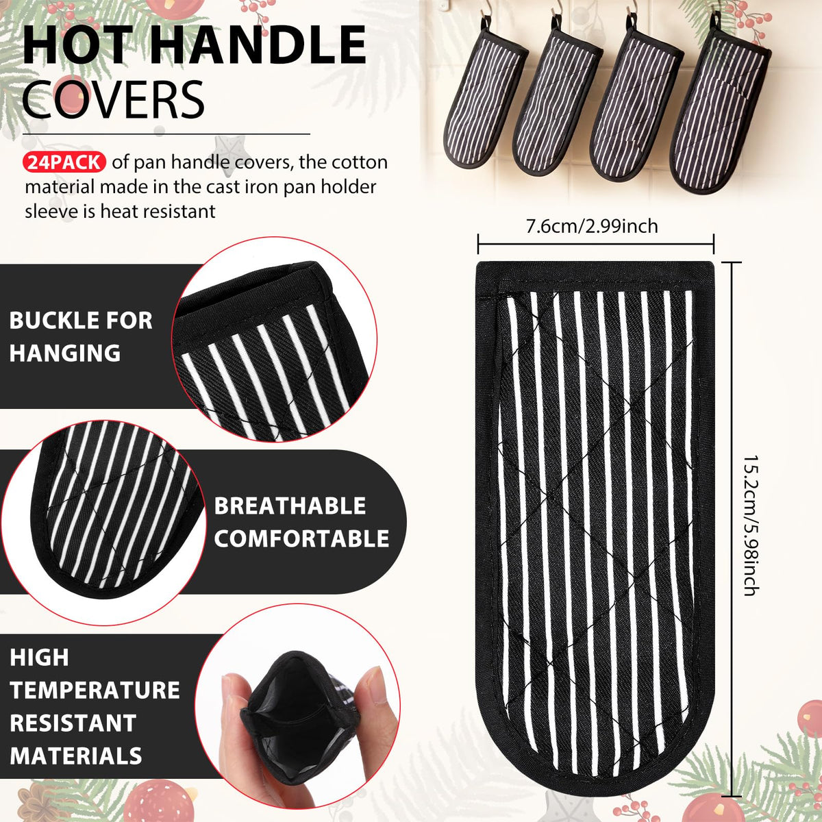 Dandat 24 Set Hot Handle Covers for Daily Replace Use Gift Pan Handle Sleeve Cover Heat Resistant Cast Iron Holder Sleeve Washable Handgrip Mitts for Christmas Kitchen BBQ Baking Cookware(Stripe)