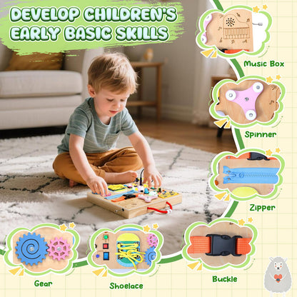 MoKo Montessori Busy Board Toys for 3+ Years Old Wooden Sensory Toys Board with LED Light Up Switch, Locks, Zippers, Music Boxes Learning Educational Fidget Toy for Toddlers Boys & Girls