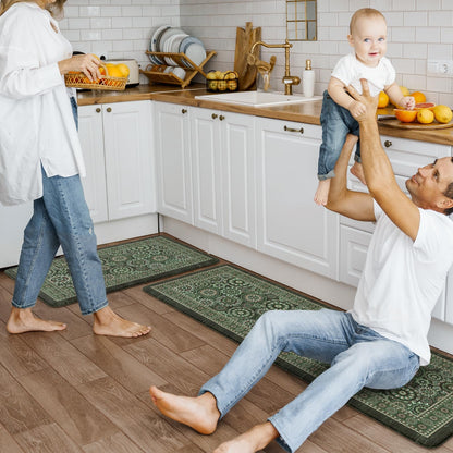 KIMODE Anti Fatigue Kitchen Mats for Floor 2 Piece Cushioned Boho Kitchen Rugs Memory Foam Kitchen Floor Mats Standing Desk Mats for Laundry Office Sink Green 17"x47"+17"x29"
