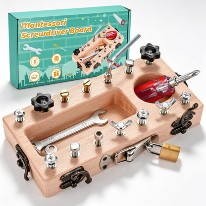 WoodTrove Montessori Screwdriver Board Set with Lock and Key, Montessori Toys for 3 4 5 Year Old, Wooden Screw Driver Activities Tools, Fine Motor Skills Preschool Learning Sensory Toy
