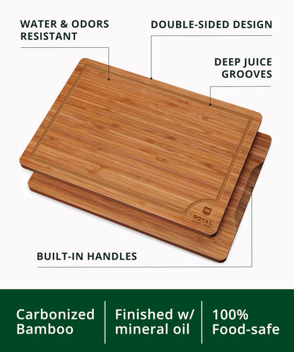 ROYAL CRAFT WOOD Wooden Cutting Boards for Kitchen Meal Prep & Serving - Non Toxic Bamboo Wood Cutting Board Set with Deep Juice Groove Side Handles - Charcuterie & Chopping Butcher Block for Meat