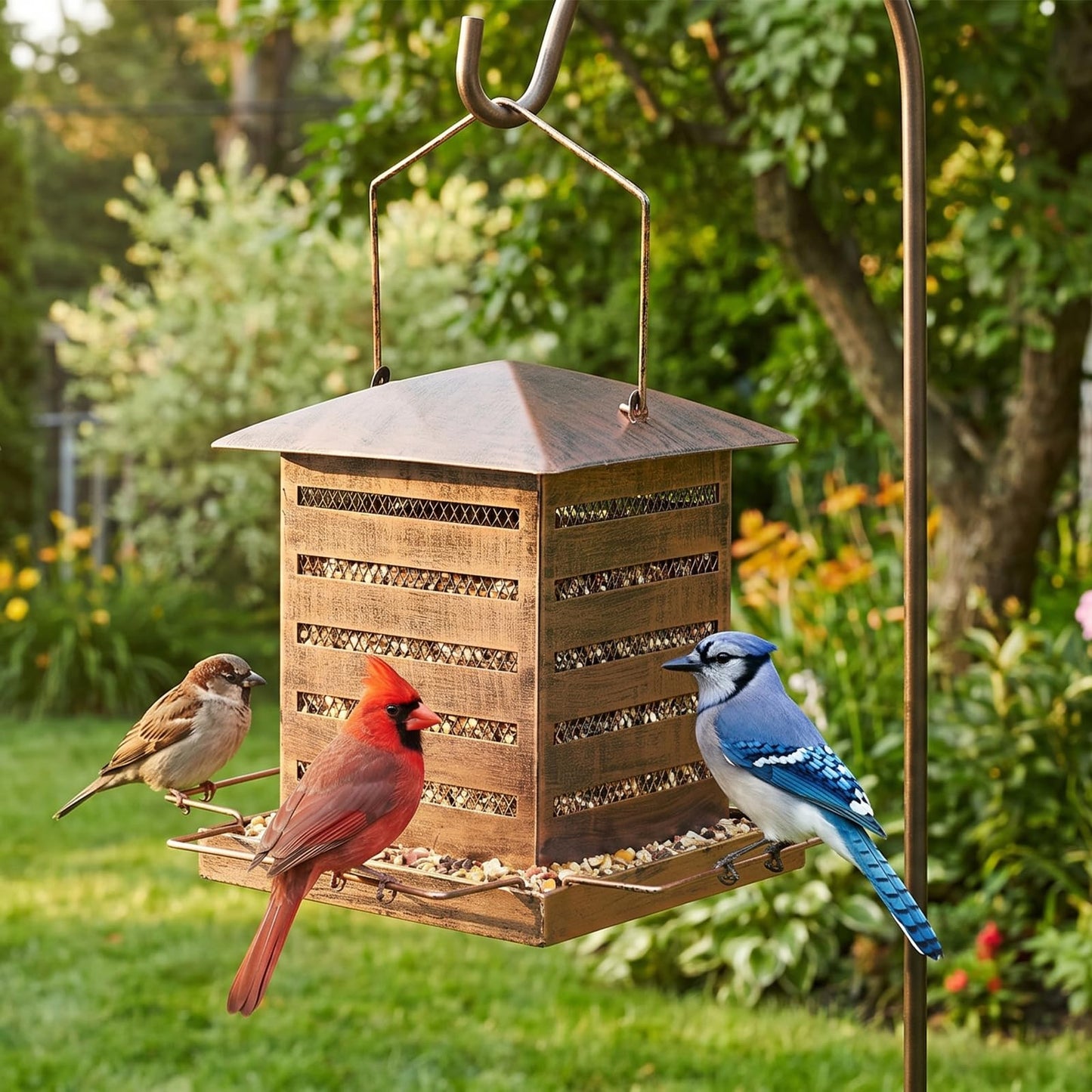 IWNTWY Bird Feeder, 3 LB Large Capacity Metal Bird Feeders for Outdoor Hanging, Heavy Duty Wild Birdfeeder with 4 Perches, Sturdy & Easy to Refill
