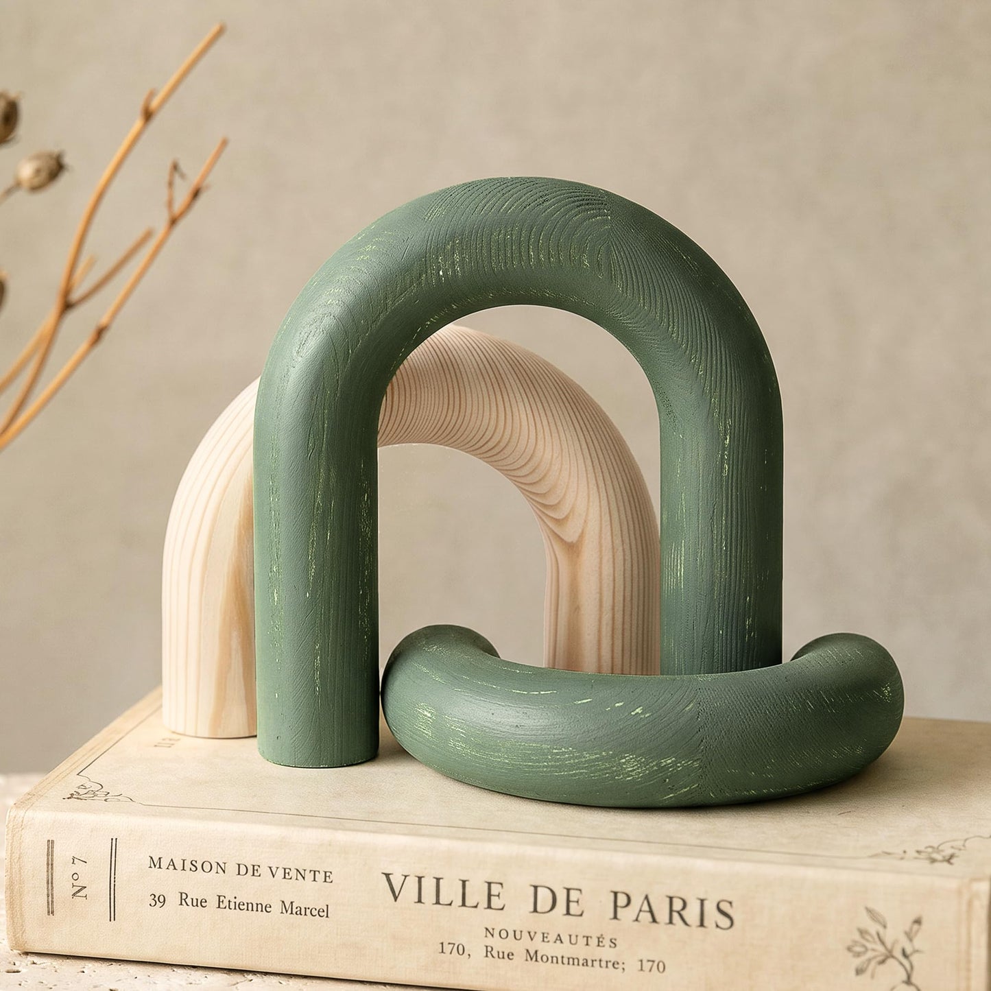 EOSAHR Pine Wooden Arch Decor Set for Bookcase Decor - Wood Sculpture for Coffee Tables, Side Tables & TV Consoles - Decorative Objects for House Aesthetic (Green & Yellow)