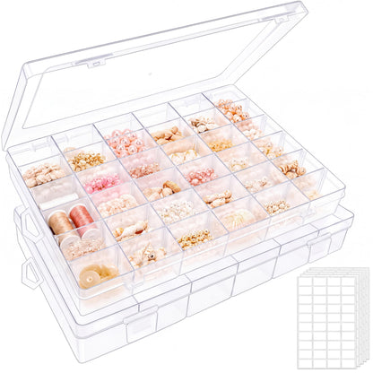2 Pack Clear Bead Organizer Tackle Box with Adjustable Dividers for Jewelry Art Craft Containers 36 Grids Compartment with 5 Sheets Label Stickers