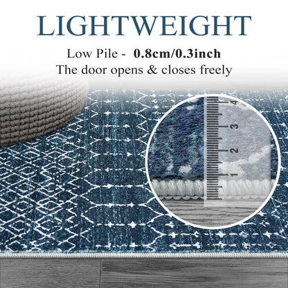 Lahome Moroccan Washable Kitchen Runner 2x8 Carpet Runners for Hallway 8Ft Low-Profile Non-Slip, Indoor Geometric Print Distressed Rug for Entryway Laundry Room Foyer Hana, Blue