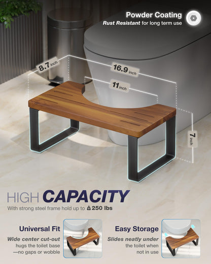 BLUEWEST Poop Stool, Acacia Wood Toilet Stool with Strong Steel Frame for Potty Training, 7 Inch Bathroom Step, Durable/Sturdy Support for Adults with Non-Slip Design