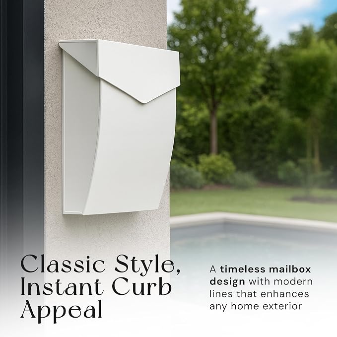 NACH Mailboxes for Outside Wall Mount, 4.8 x 10 x 13 inch White Wall Mounted Mailboxes for Outside, Waterpoof Mailbox for House - The Bradley Large Mail Box