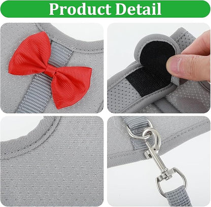 Light Blue Rabbit Harness and Leash Set, with Cute Bow Soft Breathable Mesh Bunny Vest Harness for Rabbits Kitten Ferret Puppy Small Pets Walking, S
