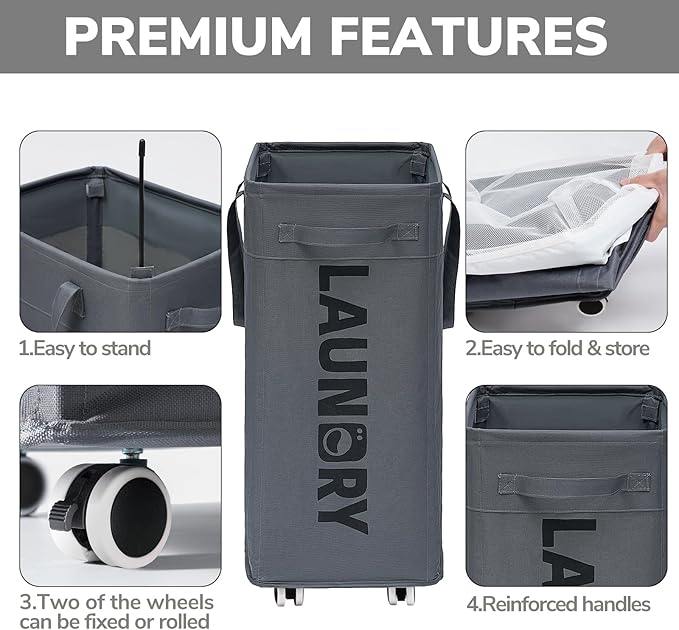 Goodpick Laundry Basket with Wheels, Laundry Hamper with Removable Wash Bag