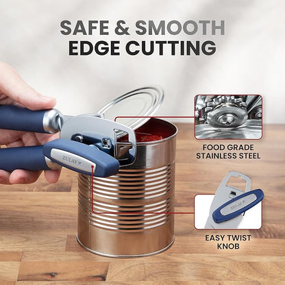 Zulay Kitchen Heavy Duty Stainless Steel Can Opener Manual with Bottle Opener - Rust Proof Manual Can Opener With Turn Knob & Comfy Soft Grip Handles - Blue