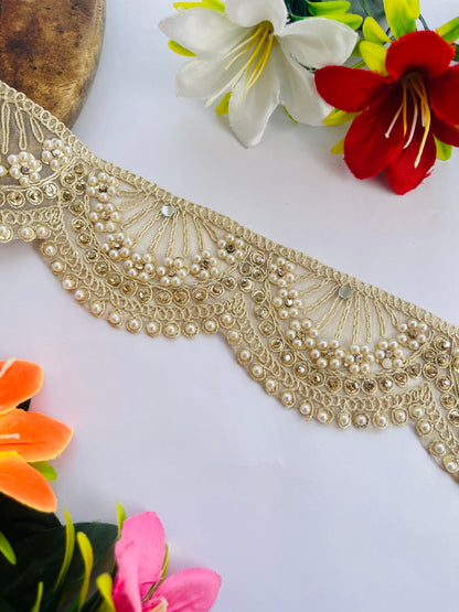 Soft Gold Scallop Lace Trim with Pearl and Rhinestone Embellishment, 2.25 Inch Wide, Available in 1, 3 and 6 Yard (1)