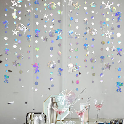 40 Ft Iridescent Mermaid Garland with Jellyfish Seashell Starfish Pearl Holographic Paper Streamer for Little Mermaid Rainbow Theme Birthday Bachelorette Baby Shower Under the Sea Party Decorations