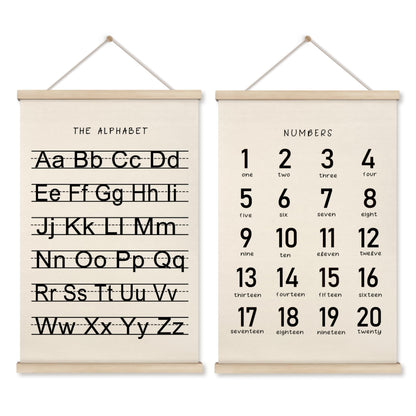 HRQKO Alphabet Numbers Poster Hanger Frame Set of 2, Nursery Wall Decor, Black ABC Poster Wall Art with Wooden Frames, Alphabet Banner Wall Hanging Decor for Boy Toddler Room Playroom, 16x24 inch