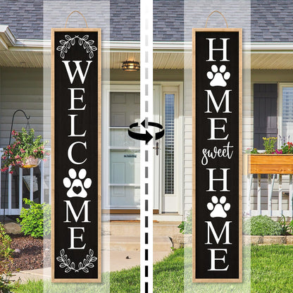 Aurapeak Outdoor Welcome Sign for Front Porch Door Decor, Home Sweet Home Sign Door Outside Standing Large 2 Sided Dog Paw Farmhouse Modern Wooden Frame Vertical Leaner (45"X9" Wood Black)