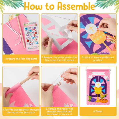 WATINC First Communion Banner Kit - 12 Set Holy 1st Communion Felt Banner Kit Baptism Christian Cross DIY Craft Decorations, Make Your Own Sunday School Church Hanging Crafts Supplies for Girls (Pink)