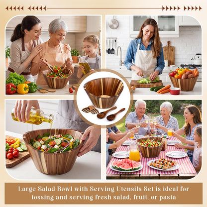 LemonRoad Wooden Salad Bowls Set 12 inch Wavy Large Acacia Wood Serving Bowl with 2 Wooden Hands 2 Utensils Fork Spoon for Fruit, Salad, Cereal, Corn flake, Pasta, Food (Wavy)
