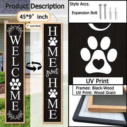 Aurapeak Outdoor Welcome Sign for Front Porch Door Decor, Home Sweet Home Sign Door Outside Standing Large 2 Sided Dog Paw Farmhouse Modern Wooden Frame Vertical Leaner (45"X9" Wood Black)