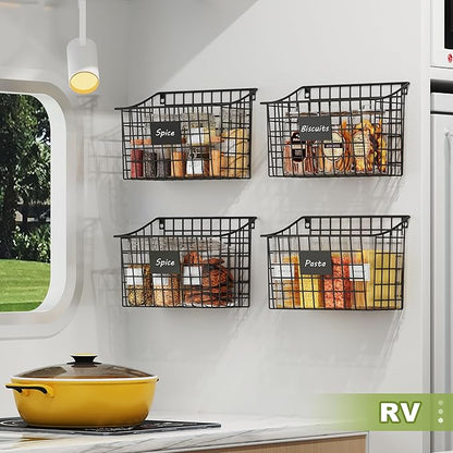 Wall Basket with Label Plate & 5 S-Hooks –4 Pack Hanging Wire Basket