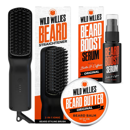 Wild Willies Beard Straightener for Men - 3 Temperature Settings, Tourmaline Ceramic Heated Beard Brush & Hot Comb - Portable, Ionic Technology, Coarse & Curly Hair, 400F - Grooming Tool