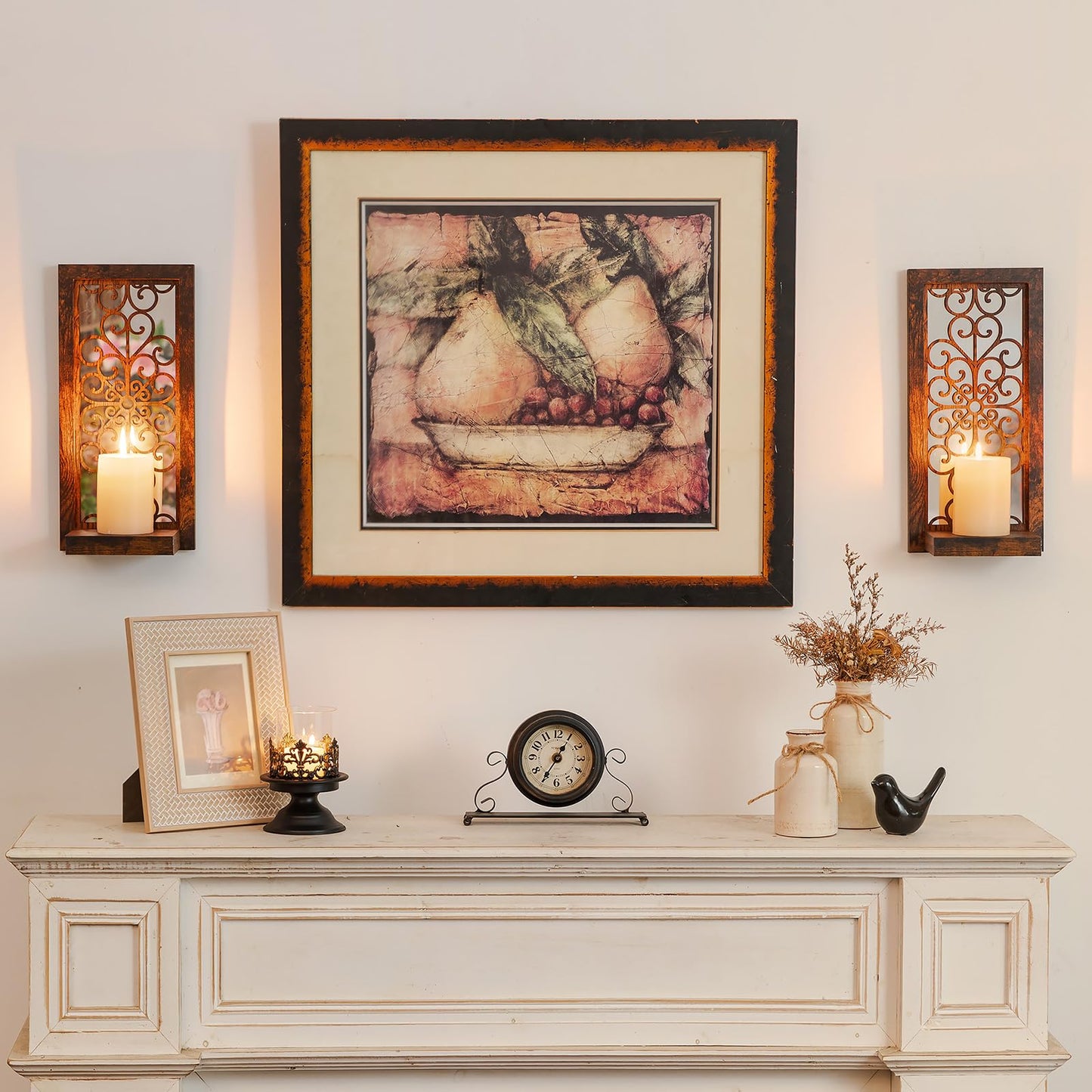 Walasis Farmhouse Wall Candle Holder Decor: Rustic Candle Sconces Set of Two for Pillar Candles - Brown Wooden Shelving for Fireplace Bathroom Hallway