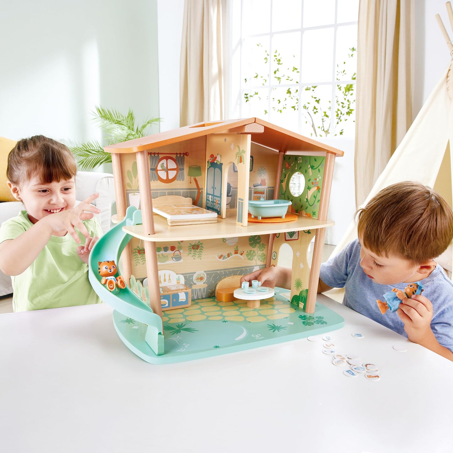 Hape Tigers Jungle House,Green Planet Explorers | Educational Toy Doll House with Furniture, for Children Ages 3+ Years