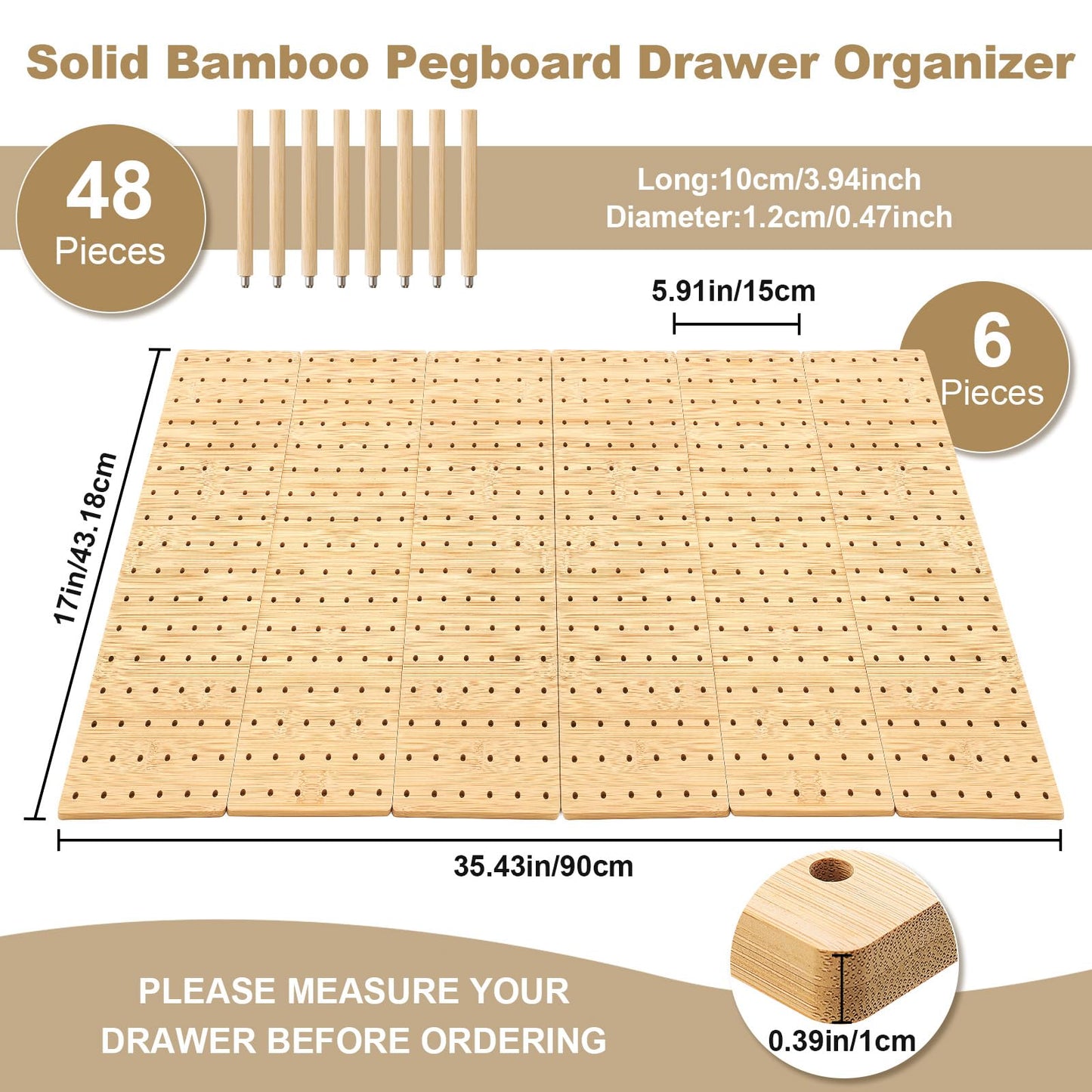 Kigley 6 Pcs Wood Pegboard Drawer Organizer with 48 Pegs Wooden Peg Board System Peg Drawer Organizers for Kitchen Dishes Plate Pegboard Food Containers(Wood Color,17x5.91,Bamboo)