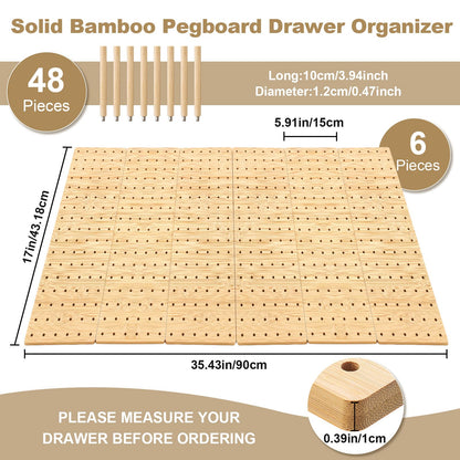 Kigley 6 Pcs Wood Pegboard Drawer Organizer with 48 Pegs Wooden Peg Board System Peg Drawer Organizers for Kitchen Dishes Plate Pegboard Food Containers(Wood Color,17x5.91,Bamboo)