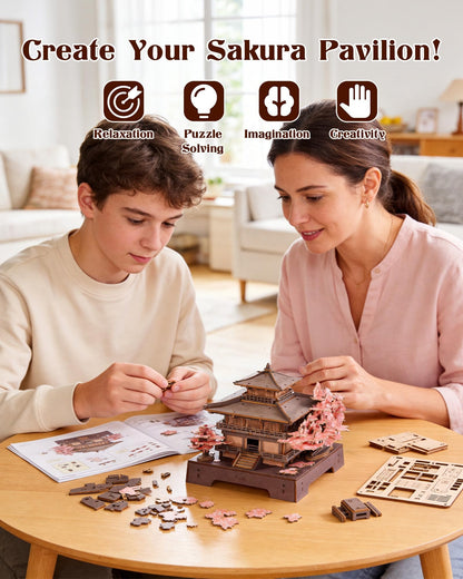Rolife 3D Wooden Puzzle Sakura Pavilion, DIY Japanese Architecture Model & Miniature House Building Kit for Adults, 235PCS Wood Craft Puzzle, Cherry Blossom Home Decor for Teens and Adults