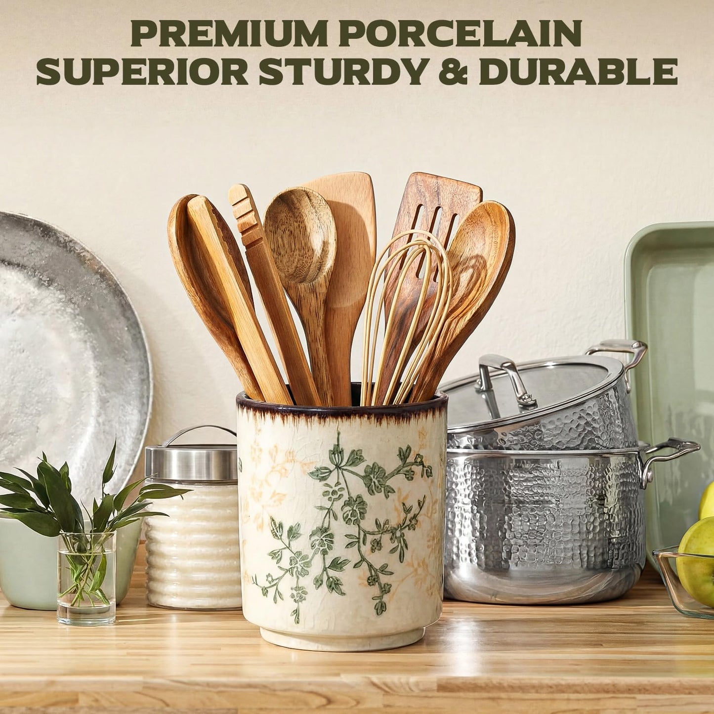 Teecyhooo Kitchen Ceramic Utensil Holder Rustic 5.5" Green Floral Utensil Crock for Countertop Tuscany Cooking Tools Storage Caddy for Spatula Spoon Farmhouse Decor Housewarming Gift
