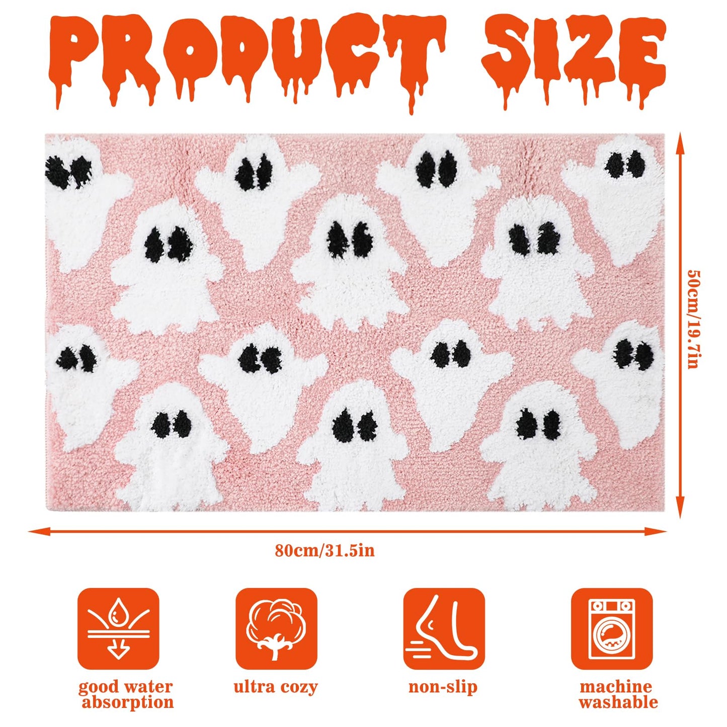 JarThenaAMCS Halloween Bathroom Rug Pink White Little Boo Bath Mat Non Slip Doormat Spooky Ghost Holiday Front Mat for Indoor Living Room Home Decoration