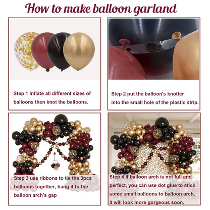 Burgundy and Gold Balloon Arch Kit, 162pcs Different Sizes with Burgundy Black Chrome Gold Confetti Balloons for Graduation Ceremony Prom Anniversary Wine Birthday Party Decorations