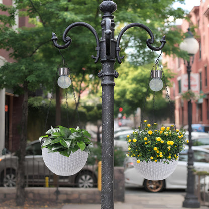 ZUIAOYIBOU Hanging Pots for Plants Outdoor - 2 Pack White Artificial Rattan Solar Flower Baskets with Drainage Holes & Removable Tray, Garden Gifts for Women/Mothers, Porch, Balcony Decor