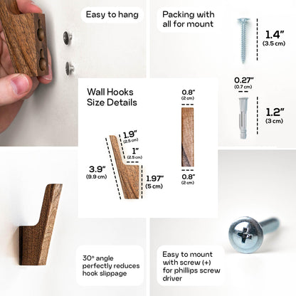 Wall Hooks - Set of 4 - Dark Walnut or Light Ash Wood Coat Hooks for Hanging Hat, Purse, Backpack, Bag, Jacket. Modern Farmhouse Decor for Wall and Practical Entryway Hooks (Walnut Wood)