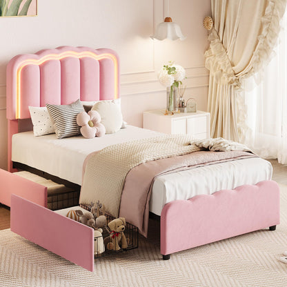 GarveeHome Twin LED Bed Frame, Kids Platform Bed with 2 Large Storage Drawers, Velvet Upholstered Princess Bed for Girls & Boys, Wooden Slats Support, No Box Spring Needed, Easy Assembly, Pink