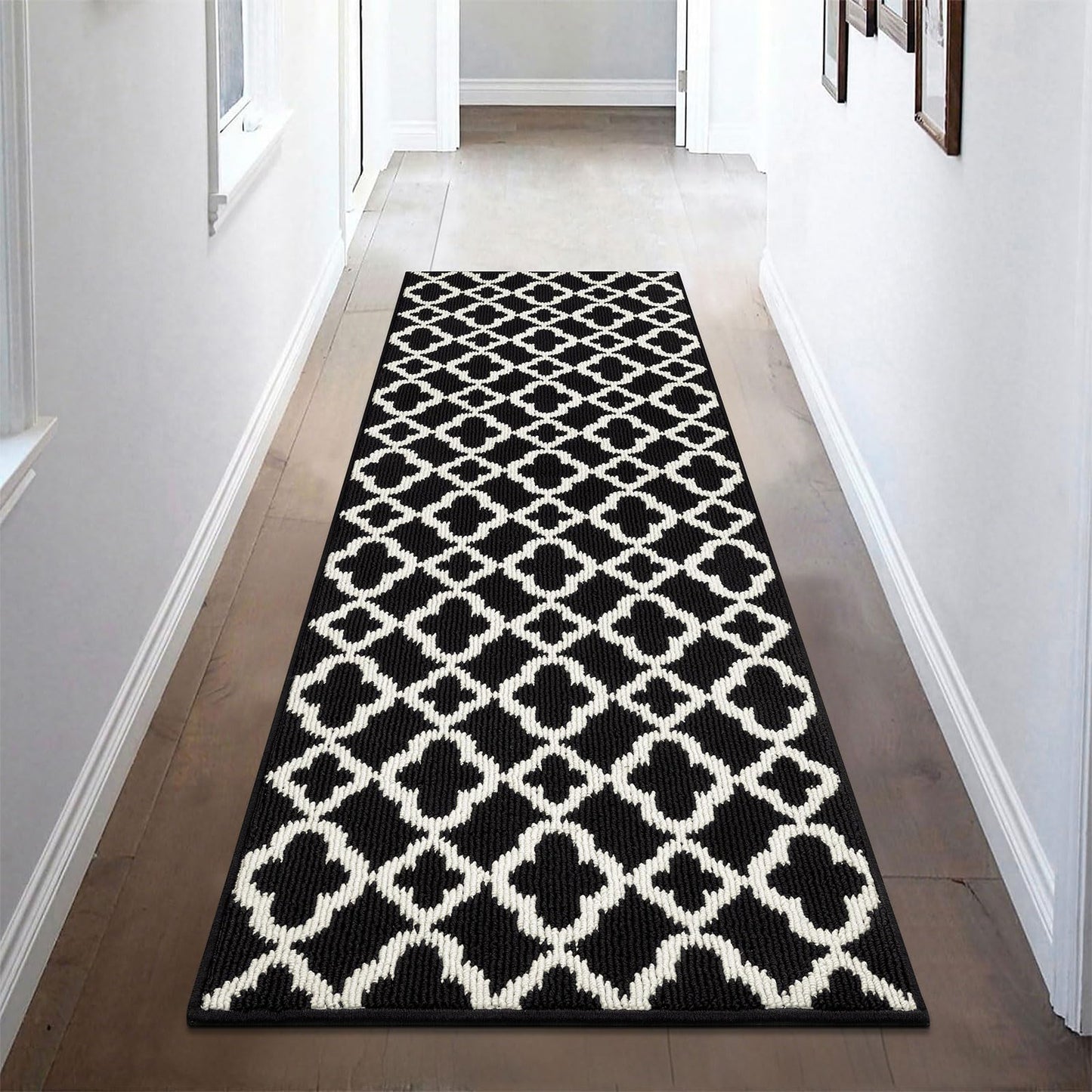 U'Artlines Washable Hallway Runner Rug 2x6', Non-Slip Basketweave Modern Geometric Kitchen Runner, Low Profile Entryway Rug for Indoor, Laundry Room & Bathroom Black and White