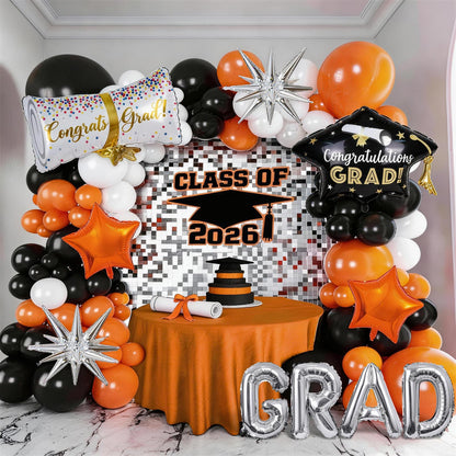 Orange Graduation Balloons Garland Arch Kit, 117PC Orange Black White Graduation Star Print Certificate Grad Foil Balloon with Silver Explosion Star Balloon for Graduate Class of 2026 Prom Party Decor